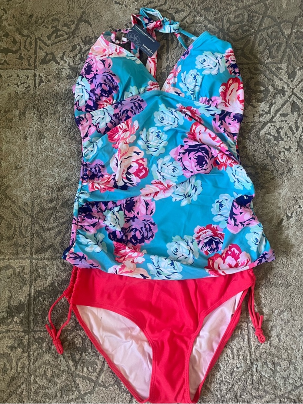 Summer Mae Floral Tankini Swimsuit Set Size S NWT Ruched Halter 2 Piece